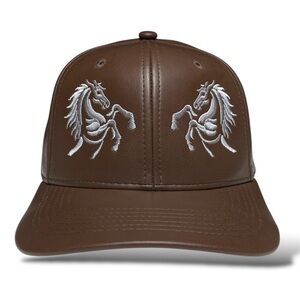 Gorra Western Cowboy Snapback Café de Cuero PU, Doble Caballo Stallion Bordado